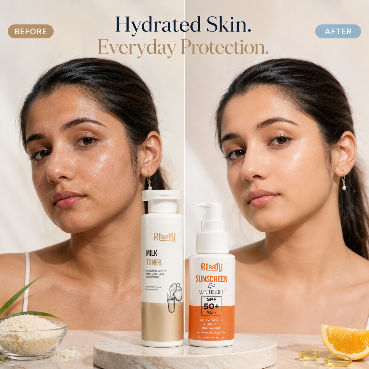 Blissify Milk Face Toner & Sunscreen Combo (100ml + 50ml) ) | Hydrating Toner + SPF Sun Protection for Glowing Skin