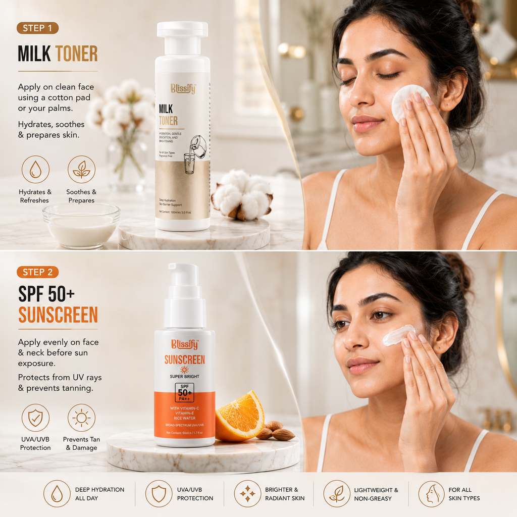 Blissify Milk Face Toner & Sunscreen Combo (100ml + 50ml) ) | Hydrating Toner + SPF Sun Protection for Glowing Skin
